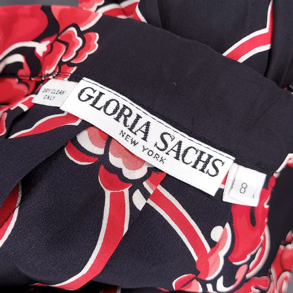Gloria Sachs Midi Skirt 8 Dark Floral Red Trellis Designer‎ 80s Vtg Whimsy Prep
